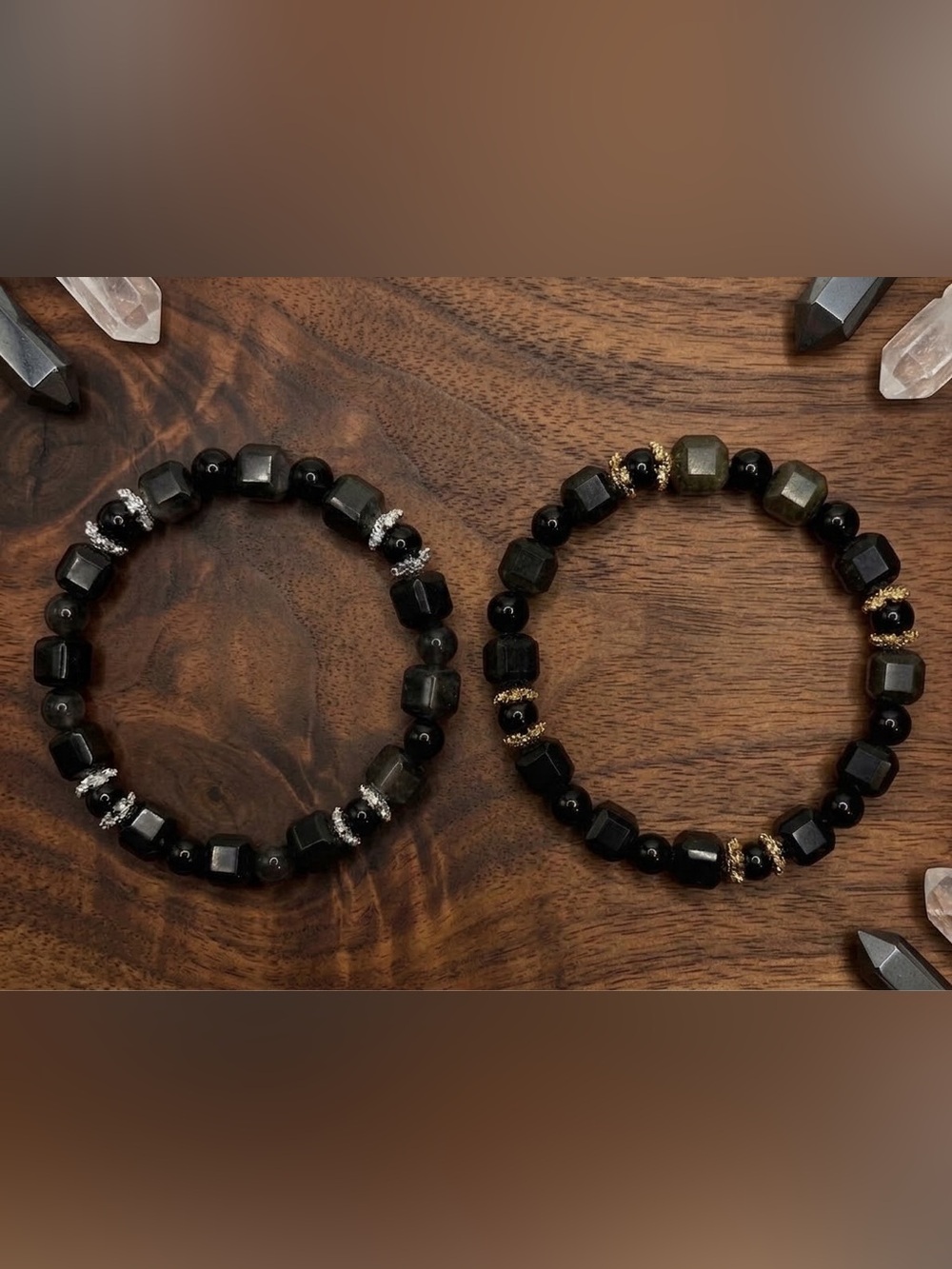 Handmade Natural Golden & Silver Obsidian Beaded Stretch Bracelet Set 🖤